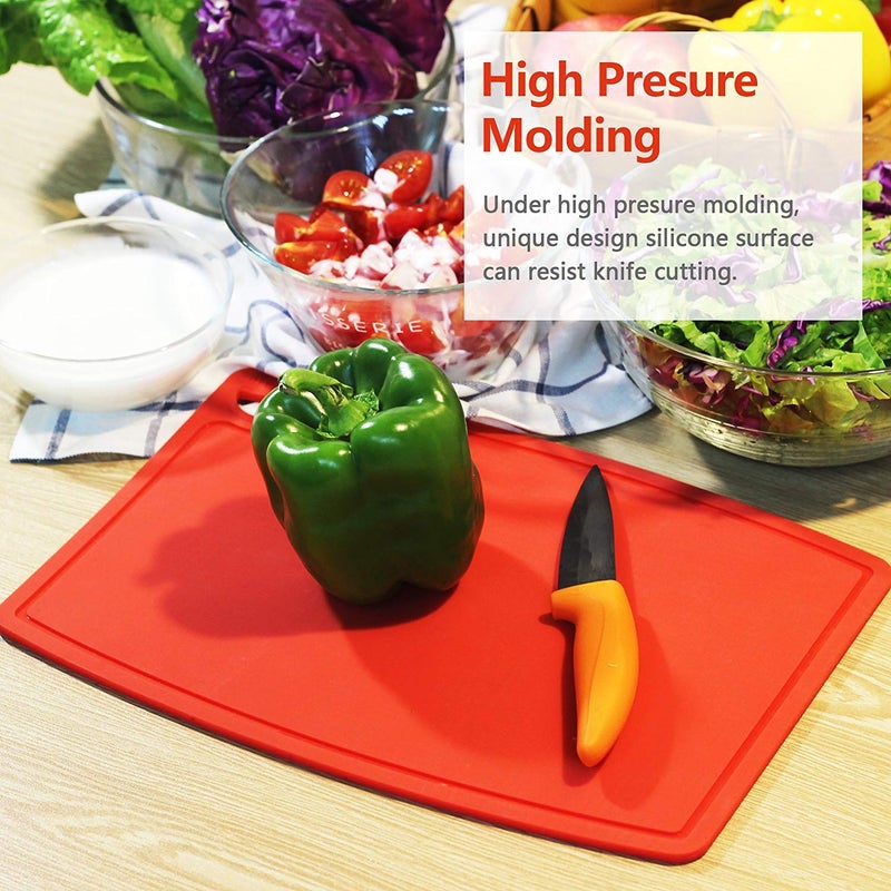 Liflicon Silicone Thick Cutting Boards Mats Set of 3pcs Foldable & Flexible Design Juice Grooves Easy Grip Handle Dishwasher Safe for Kitchen,BPA free Silicone Cutting Boards/Mats-Red - Image 5
